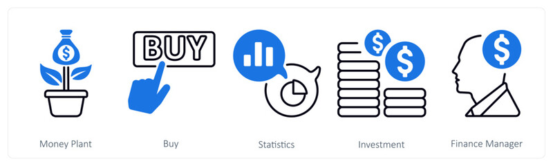 A set of 5 mix icons as money plant, buy, statistics