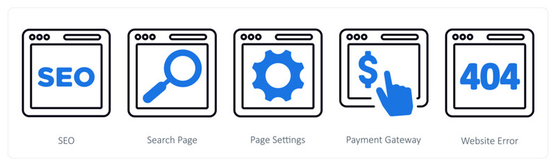A set of 5 mix icons as seo, search page, page settings