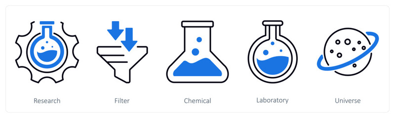 A set of 5 mix icons as research, filter, chemical