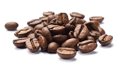 Naklejka premium Roasted brown coffee beans, isolated on a white background, form a dark, aromatic heap perfect for your morning espresso or mocha