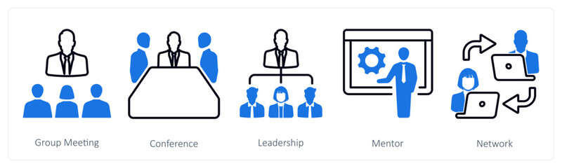 A set of 5 mix icons as group meeting, conference, leadership