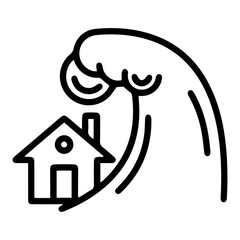 Outline style image graphically depicts the destructive force of a massive tsunami wave engulfing a residential house, the impact of the natural disaster. Related to environmental force threats