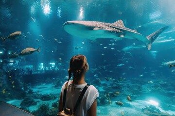 Fototapeta premium Woman Watching Majestic Whale Shark Underwater at Aquarium, Surrounded by Diverse Marine Life in a Vibrant and Peaceful Setting