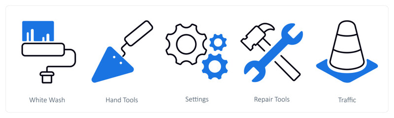 A set of 5 mix icons as white wash, hand tools, settings