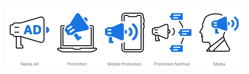 A set of 5 mix icons as media ad, promotion, mobile promotion
