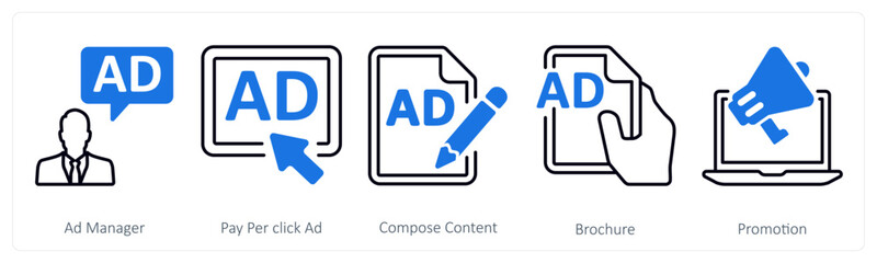 A set of 5 mix icons as ad manager, pay per click ad, compose content