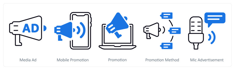 A set of 5 mix icons as media ad, mobile promotion, promotion