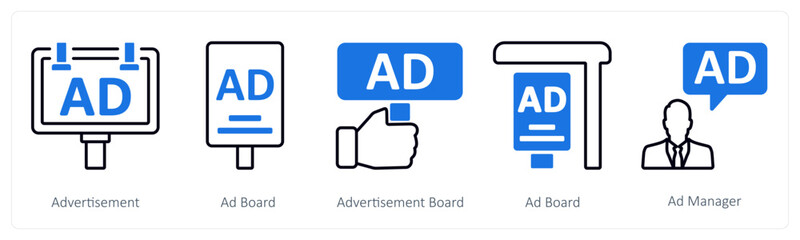 A set of 5 mix icons as advertisement, ad board, advertisement board