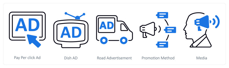 A set of 5 mix icons as pay per click ad, dish ad, road advertisement