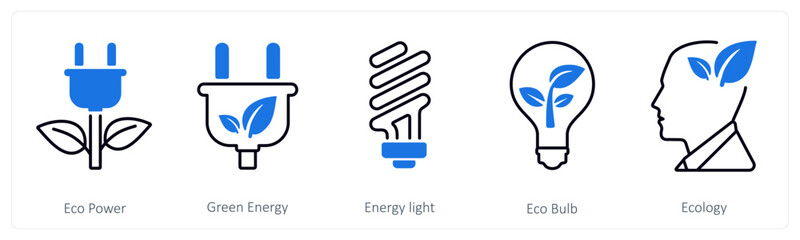 A set of 5 mix icons as eco power, green energy, energy light