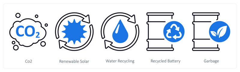 A set of 5 mix icons as co2, renewable solar, water recycling