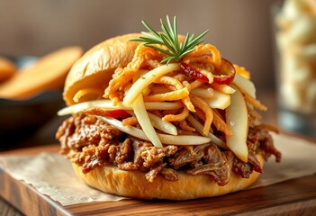 Fototapeta premium Slow-smoked pulled pork with apple and fennel slaw