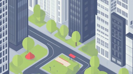 Isometric Cityscape Illustration: Modern Buildings, Park, and Road Design.