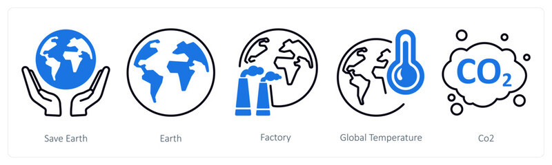 A set of 5 mix icons as save earth, earth, factory