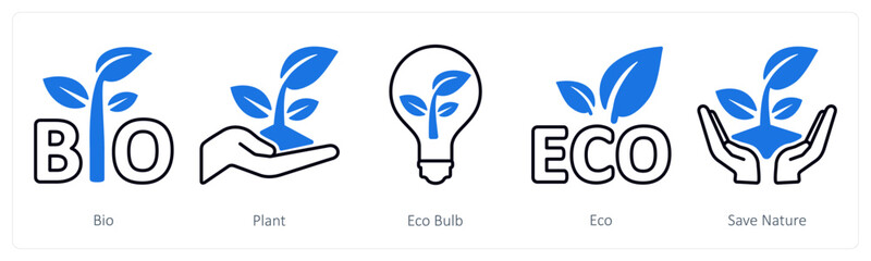 A set of 5 mix icons as bio, plant, eco bulb
