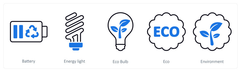 A set of 5 mix icons as battery, energy light, eco bulb