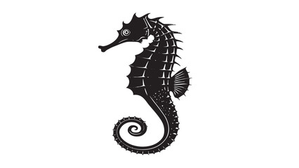 Fototapeta premium Detailed black silhouette of a seahorse with a curled tail and spiky dorsal fins on a white background