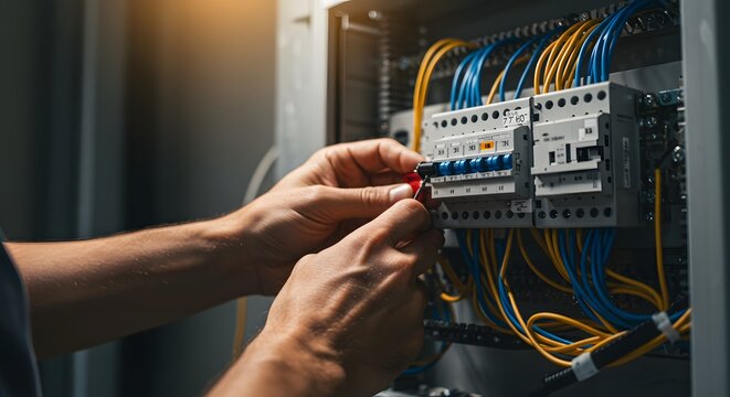 The man is repairing the switchboard voltage with automatic switches.