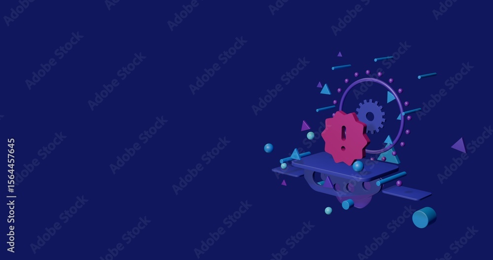 Poster pink warning symbol on a pedestal of abstract geometric shapes floating in the air. abstract concept