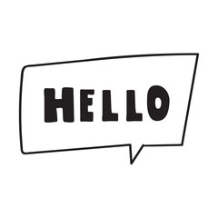 Hello. Outline vector design. Speech bubble. Sticker, banner, web design. T shirt design. Hand drawn illustration on white background.