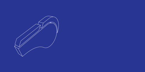 The outline of a large sports whistle symbol made of white lines on the left. 3D view of the object in perspective. Vector illustration on indigo background