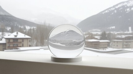 Winter Wonderland: Mountain Vista Captured in a Crystal Ball on a Snowy Day