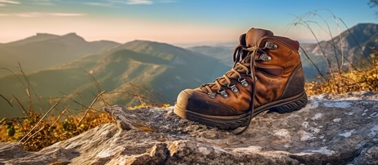 New shiny brown leather hiking boots with laces in the mountains