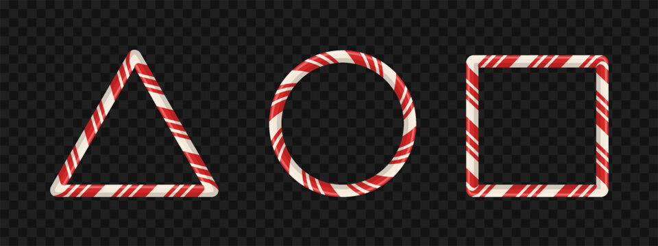 Red striped candy stick border with cute cartoon design for decoration or text. Oval, rectangle, and triangle frame in 3D style for xmas or new year. Vector.