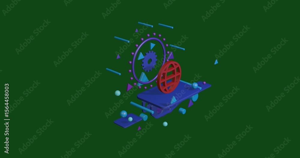 Poster red web symbol on a pedestal of abstract geometric shapes floating in the air. abstract concept art 
