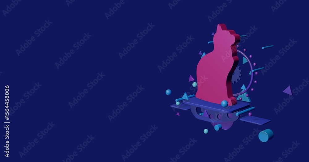 Poster pink cat symbol on a pedestal of abstract geometric shapes floating in the air. abstract concept art