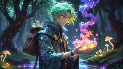 Whimsical Anime Alchemist with Green Hair in Enchanted Forest, Holding Bubbling Potion, Glowing Mushrooms, Magical Illustration