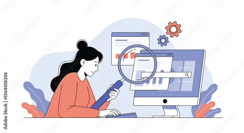 Wall mural illustrative representation of a person analyzing data on a computer screen using a magnifying glass