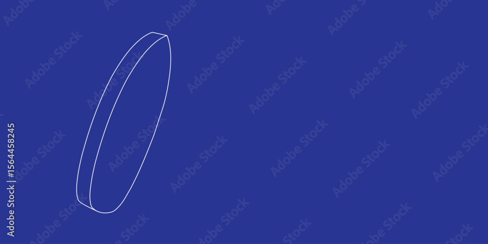 Poster the outline of a large surf board symbol made of white lines on the left. 3d view of the object in p
