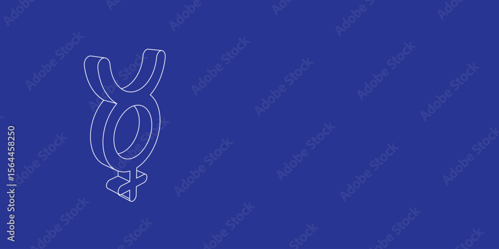 Poster the outline of a large astrological mercury symbol made of white lines on the left. 3d view of the o