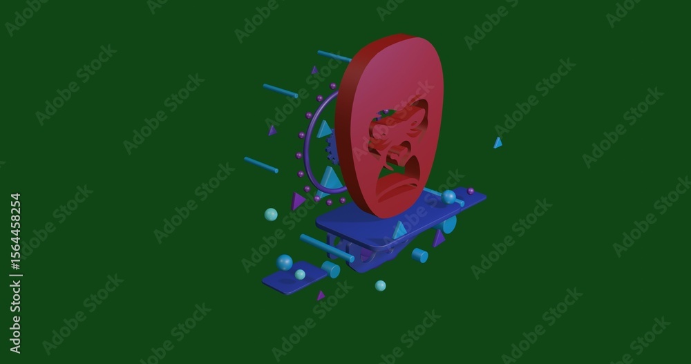 Poster red gorilla head on a pedestal of abstract geometric shapes floating in the air. abstract concept ar