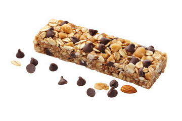 Delicious granola bar with chocolate chips, oats, and nuts, healthy snack, energy bar, food photography, isolated on transparent background