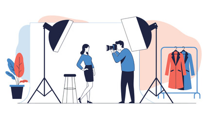 Professional Photography Studio Setup Featuring a Model Lighting Equipment and Fashion Garments on a Rack Ready for a Shoot