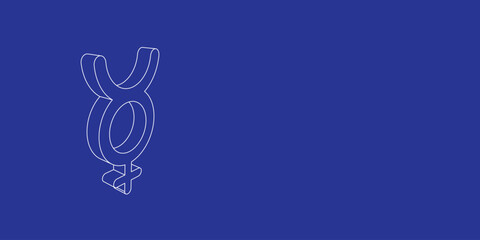 The outline of a large astrological mercury symbol made of white lines on the left. 3D view of the object in perspective. Vector illustration on indigo background
