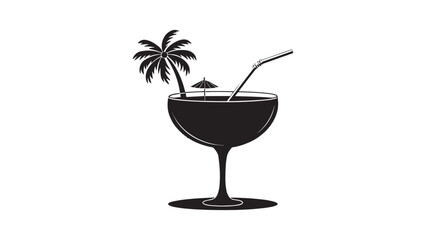 Tropical cocktail with palm tree and umbrella silhouette on white background