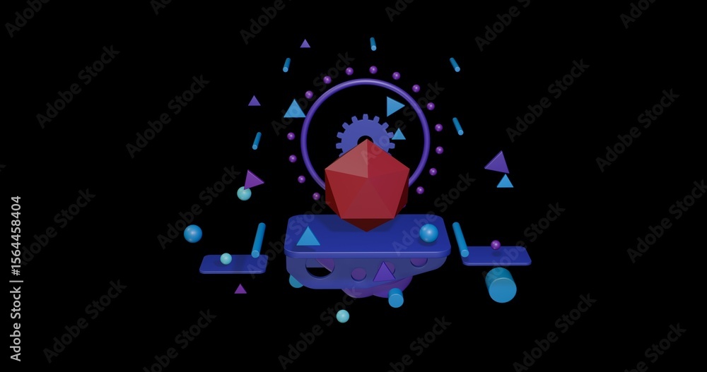 Poster red icosahedron on a pedestal of abstract geometric shapes floating in the air. abstract concept art