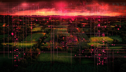 Digital Overlay on Rural Landscape at Sunset