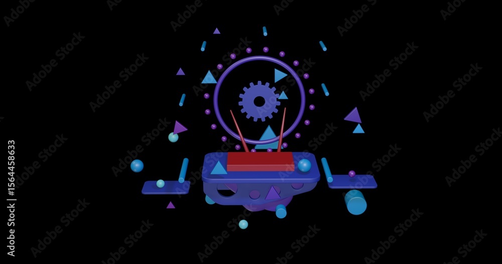 Poster red router symbol on a pedestal of abstract geometric shapes floating in the air. abstract concept a