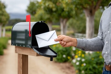 Farmer sending mail by placing envelope in mailbox