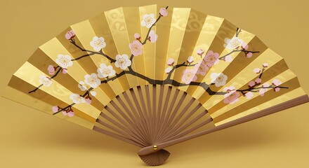 Decorative gold-colored fan with cherry blossoms.