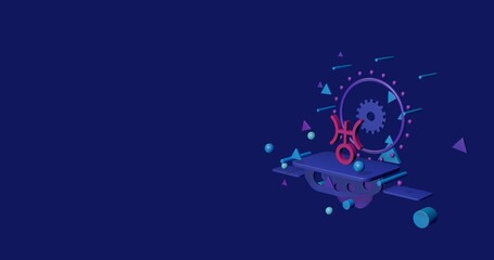 Fototapeta premium Pink astrological uranus symbol on a pedestal of abstract geometric shapes floating in the air. Abstract concept art with flying shapes on the right. 3d illustration on indigo background