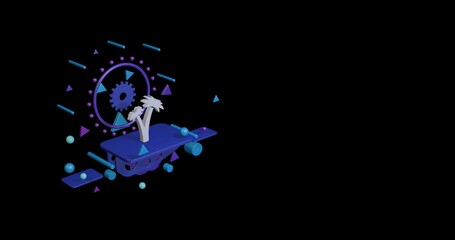 White palm trees symbol on a pedestal of abstract geometric shapes floating in the air. Abstract concept art with flying shapes on the left. 3d illustration on black background