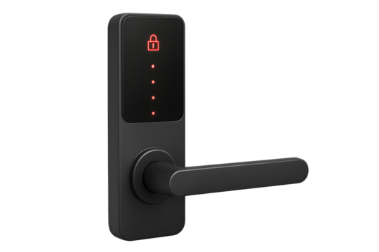 Black smart door lock isolated on transparent background