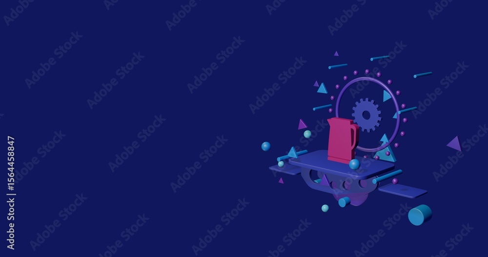 Poster pink kettle symbol on a pedestal of abstract geometric shapes floating in the air. abstract concept 