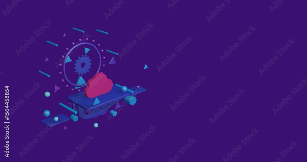 Poster pink cloud symbol on a pedestal of abstract geometric shapes floating in the air. abstract concept a