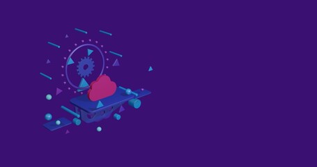Pink cloud symbol on a pedestal of abstract geometric shapes floating in the air. Abstract concept art with flying shapes on the left. 3d illustration on deep purple background